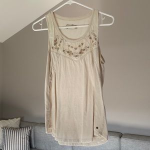 Eddie Bauer Sleeveless Top, cream w/ blush, gray, and tan knit pattern